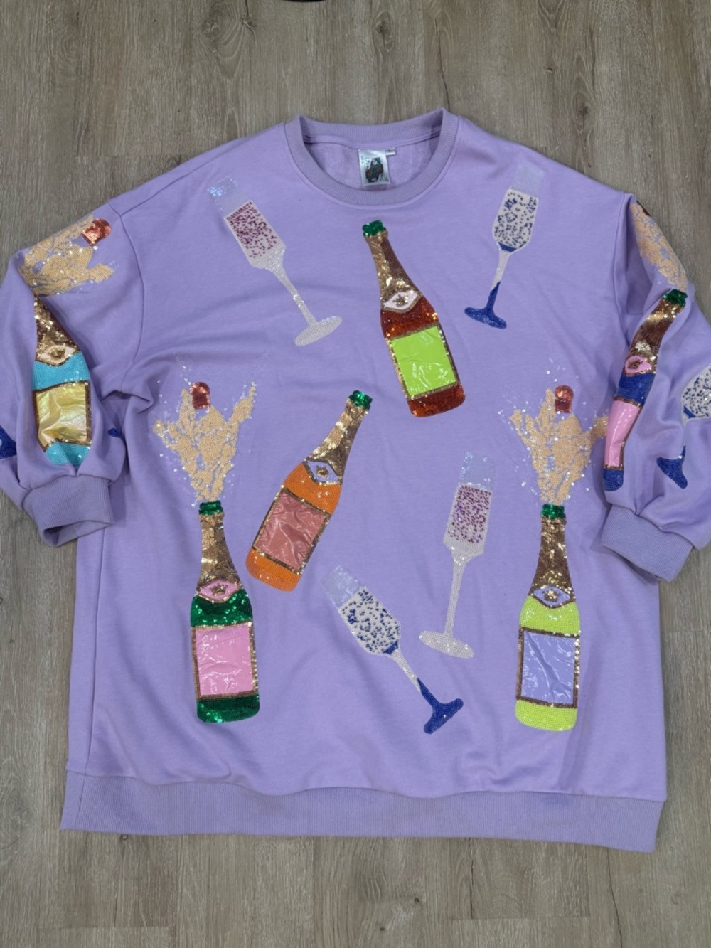 Queen of Sparkles Lavender Sequin Champagne Bottle Sweatshirt Dress Size L